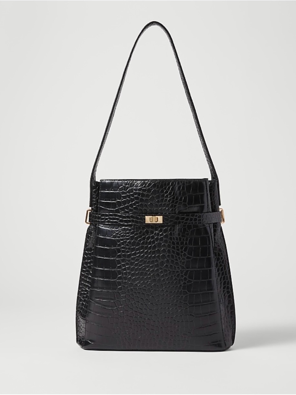 Ann Taylor Black Crocodile Belted Bucket Bag